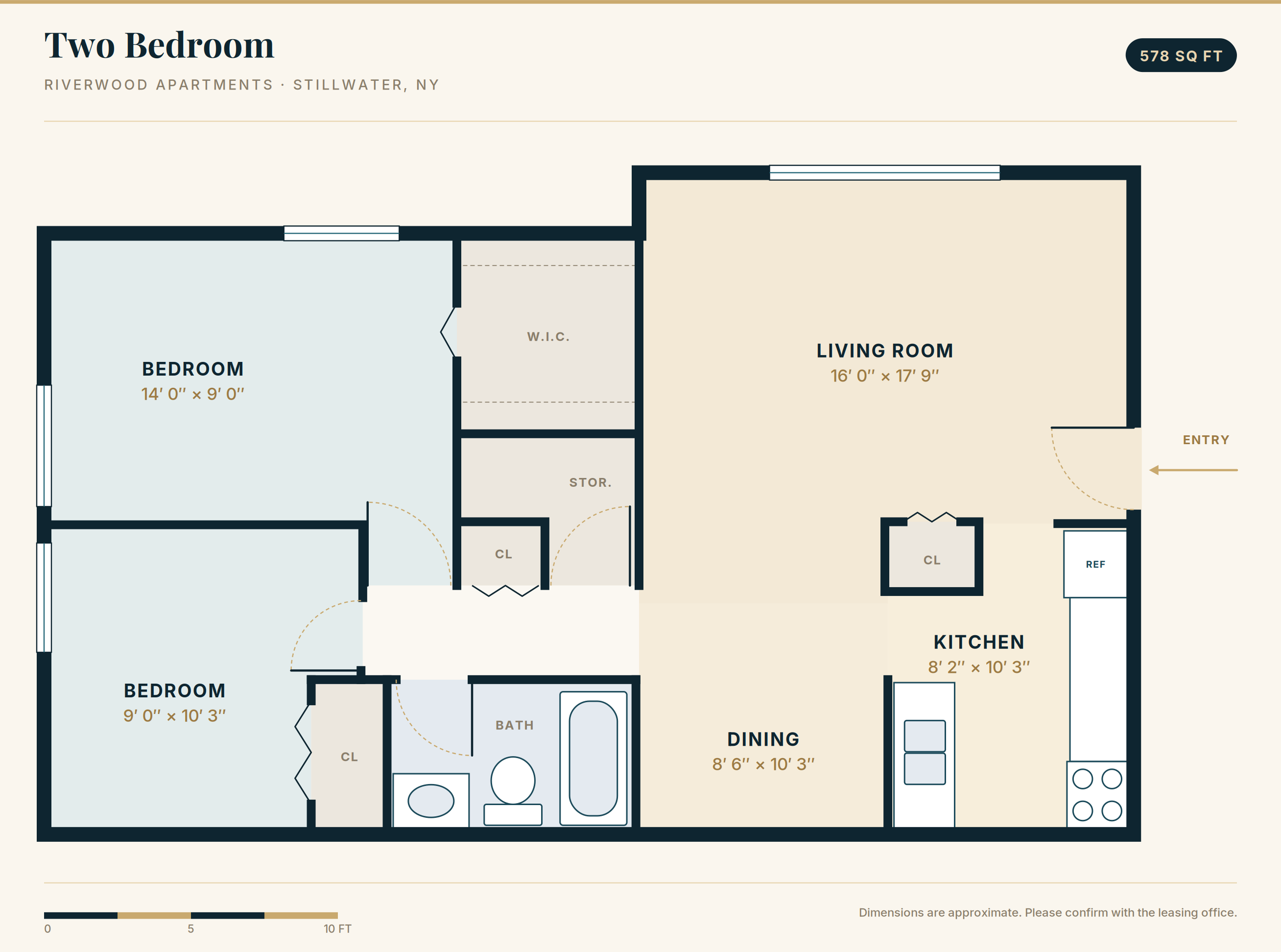 Riverwood 2 Bedroom Floor Plan (578 sq ft)